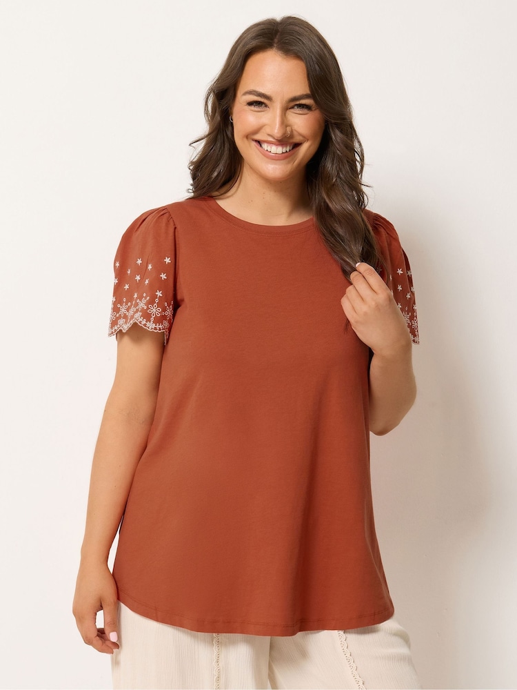 Yours Curve Orange Embroidered Sleeve T-Shirt - Image 1 of 5
