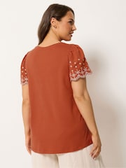 Yours Curve Orange Embroidered Sleeve T-Shirt - Image 3 of 5
