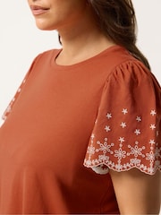 Yours Curve Orange Embroidered Sleeve T-Shirt - Image 4 of 5