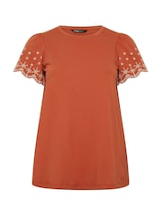 Yours Curve Orange Embroidered Sleeve T-Shirt - Image 5 of 5