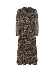 M&Co Brown Animal Print Long Sleeve Ruffle Dress - Image 1 of 2