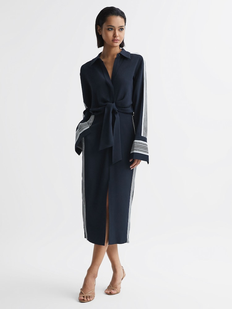 Reiss Navy Arabella Petite Side Stripe Tie Front Midi Dress - Image 1 of 8 Reiss Navy Arabella Petite Side Stripe Tie Front Midi Dress - Image 1 of 8
