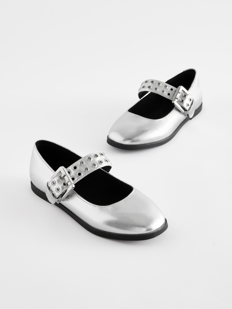Silver Metallic Stud Strap Mary Jane Shoes - Image 1 of 5