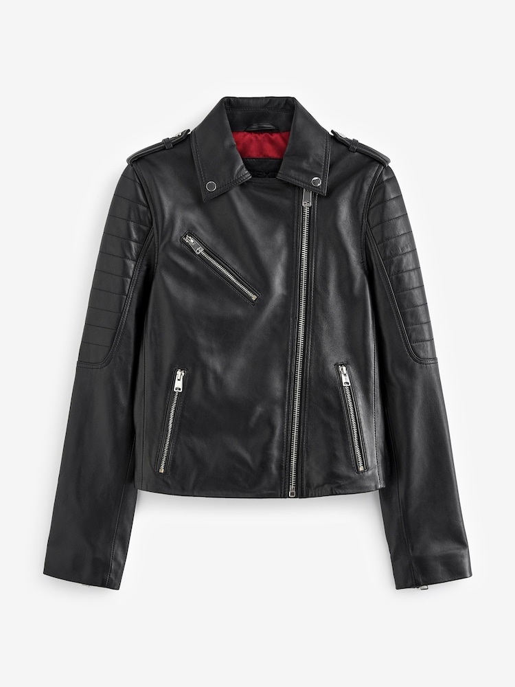 Black Leather Biker Jacket - Image 5 of 10