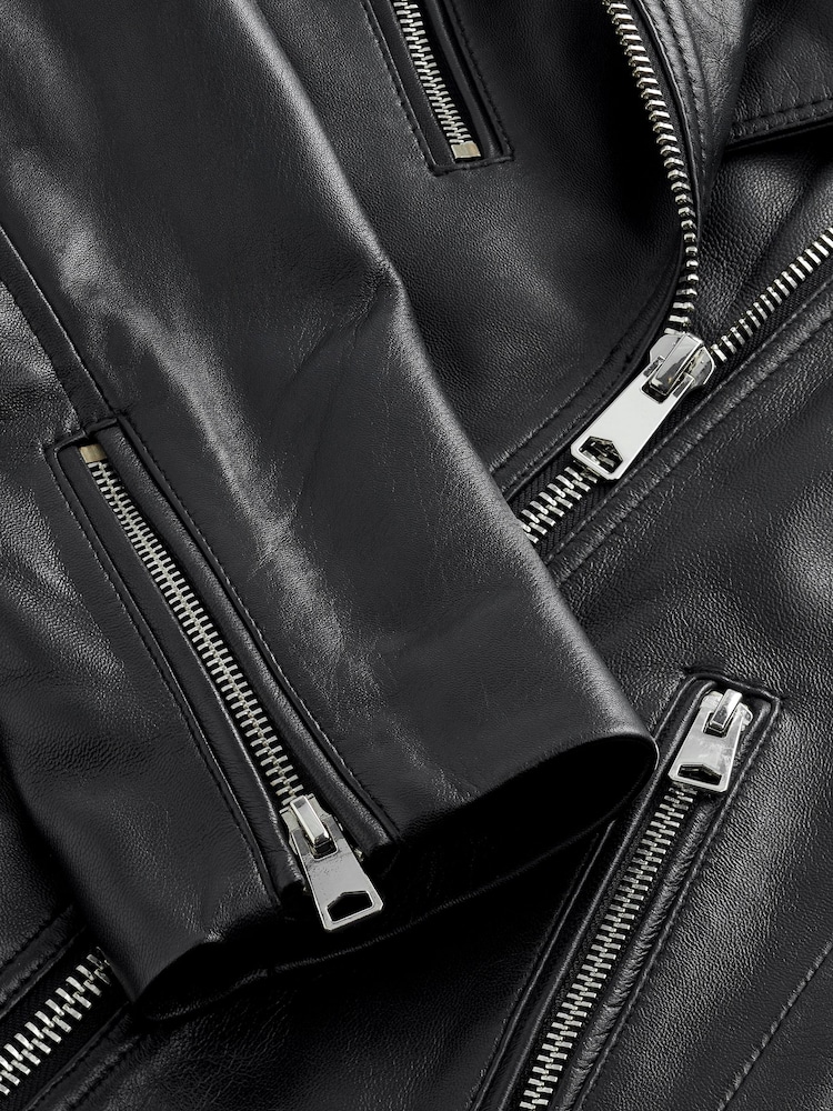 Black Leather Biker Jacket - Image 8 of 10