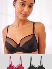 Black/Red Non Pad Full Cup Microfibre & Mesh Bras 2 Packs - Image 1 of 13