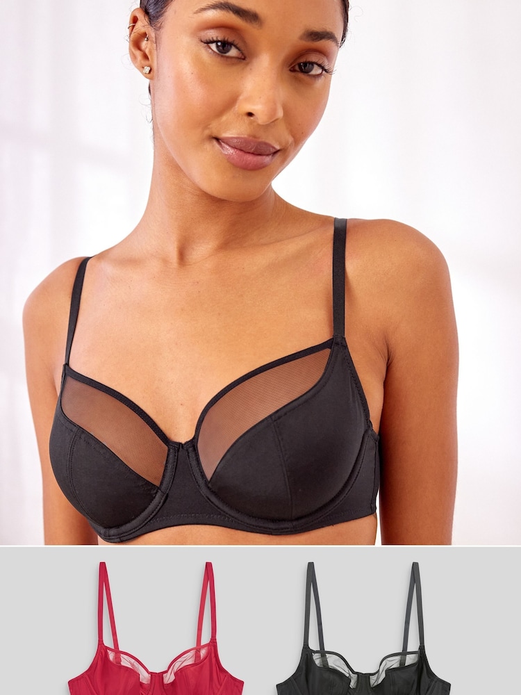 Black/Red Non Pad Full Cup Microfibre & Mesh Bras 2 Packs - Image 1 of 13