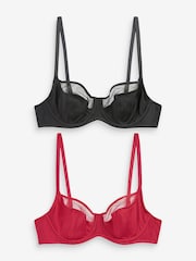 Black/Red Non Pad Full Cup Microfibre & Mesh Bras 2 Packs - Image 10 of 13