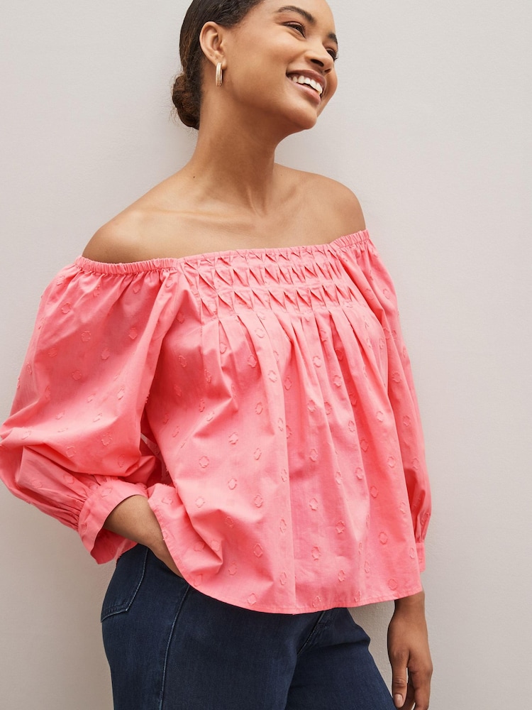 Pink Off The Shoulder Square Neck Long Sleeve Top - Image 1 of 5