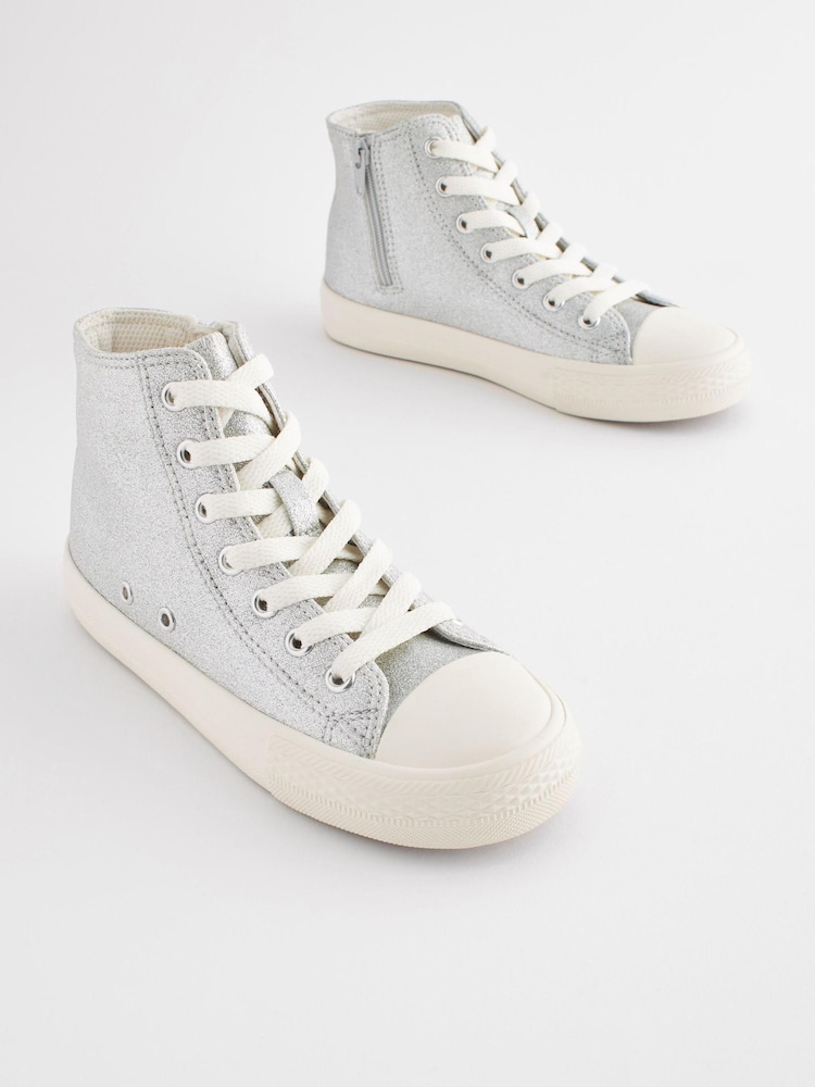 Silver Sparkle Standard Fit (F) Lace-Up High Top Trainers - Image 1 of 5