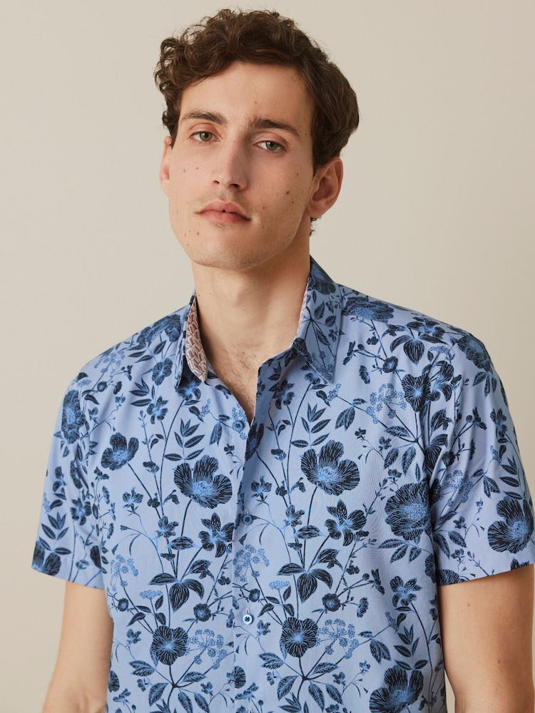 Dark Blue Floral Slim Fit Printed Trimmed Short Sleeve Shirt - Image 1 of 11