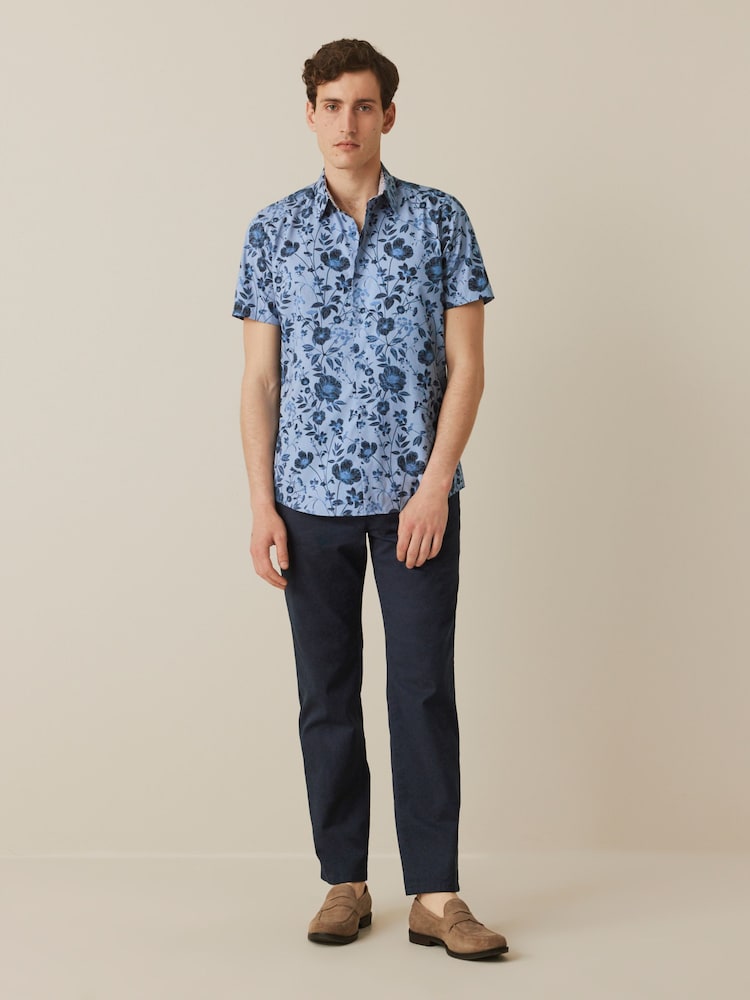 Dark Blue Floral Slim Fit Printed Trimmed Short Sleeve Shirt - Image 2 of 11