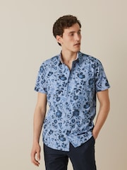 Dark Blue Floral Slim Fit Printed Trimmed Short Sleeve Shirt - Image 4 of 11