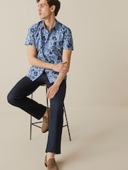 Dark Blue Floral Slim Fit Printed Trimmed Short Sleeve Shirt - Image 5 of 11