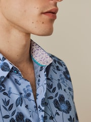 Dark Blue Floral Slim Fit Printed Trimmed Short Sleeve Shirt - Image 6 of 11