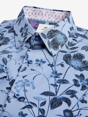 Dark Blue Floral Slim Fit Printed Trimmed Short Sleeve Shirt - Image 8 of 11