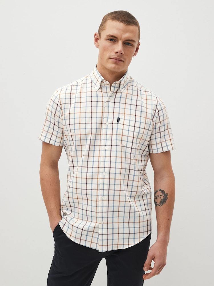 Cream/Blue Tattersall Check Easy Iron Button Down Short Sleeve Oxford Shirt - Image 1 of 6