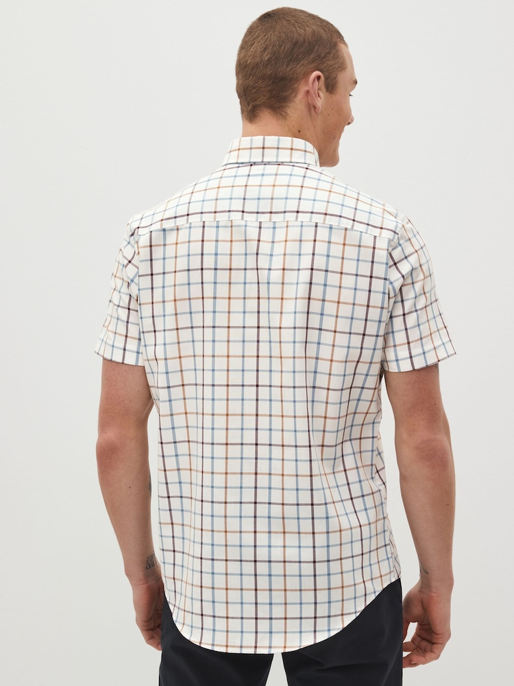 Cream/Blue Tattersall Check - Стандартний крій - Оксфордська сорочка з коротким рукавом на ґудзиках - Image 3 of 6