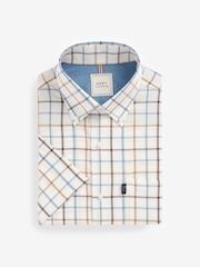 Cream/Blue Tattersall Check Easy Iron Button Down Short Sleeve Oxford Shirt - Image 4 of 6