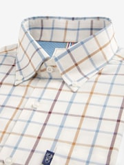 Cream/Blue Tattersall Check Easy Iron Button Down Short Sleeve Oxford Shirt - Image 5 of 6