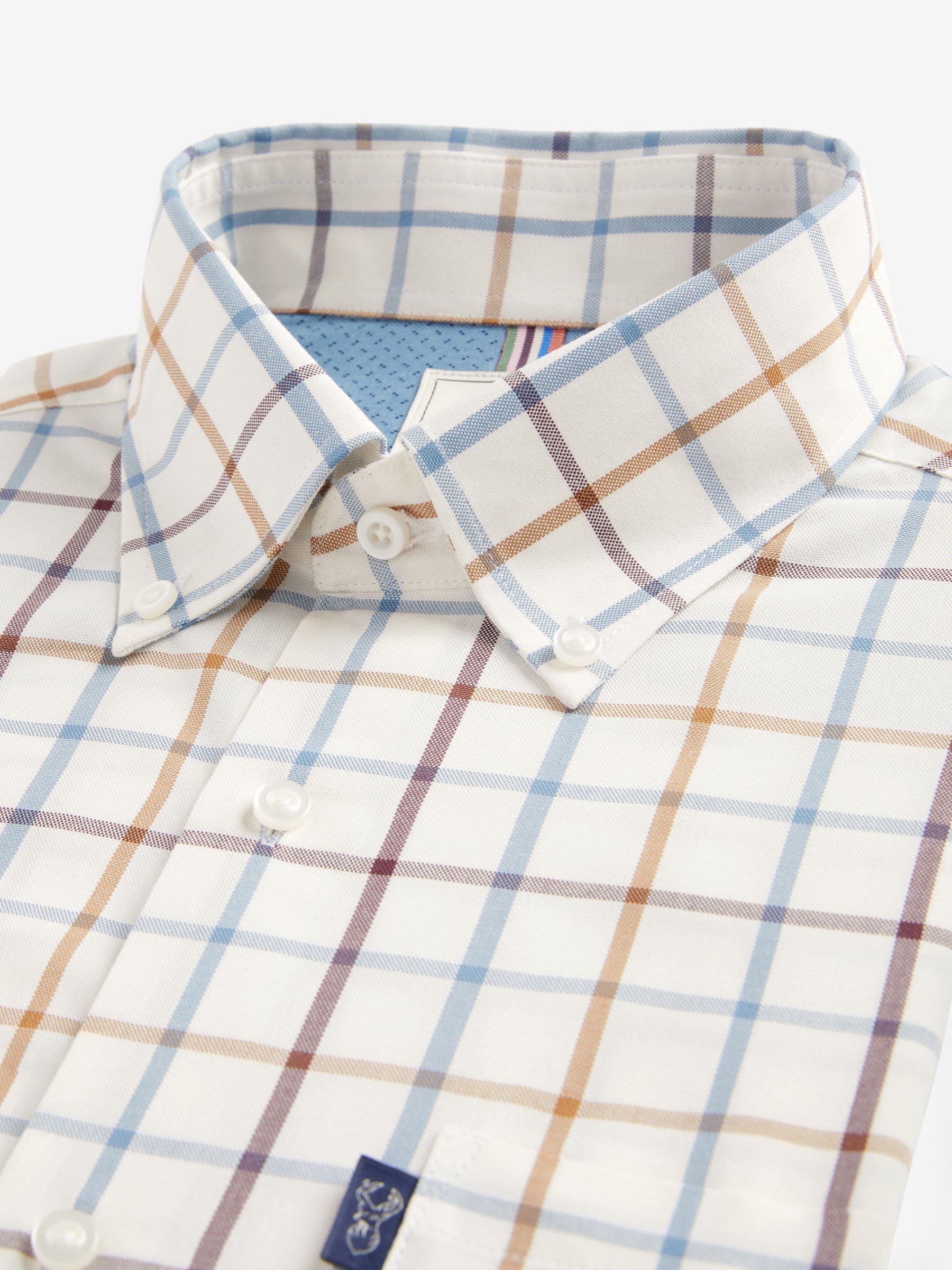 Buy Cream/Blue Tattersall Check Regular Fit Easy Iron Button Down