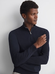 Reiss Navy Bond Half Zip Funnel Neck Cotton Jumper - Image 1 of 5