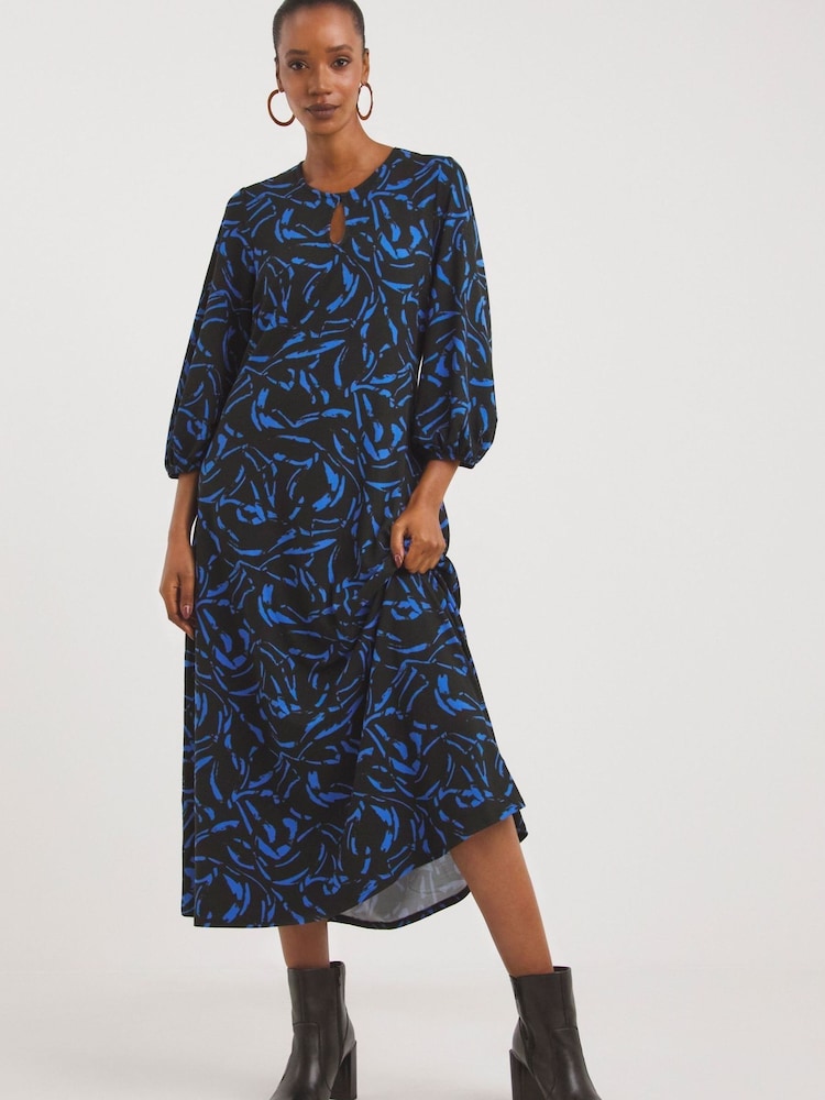 JD Williams Blue Print Keyhole Soft Touch Jersey Dress - Image 1 of 4 JD Williams Blue Print Keyhole Soft Touch Jersey Dress - Image 1 of 4