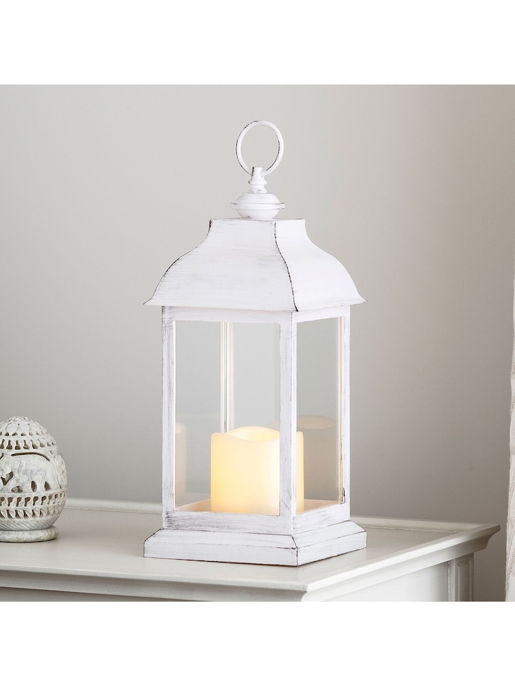 Lights4fun White Distressed Indoor Battery LED Outdoor Candle Lantern - Image 1 of 7