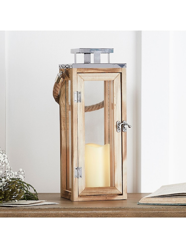 Lights4fun Large Wooden Battery Operated LED Candle Outdoor Lantern - Image 1 of 7