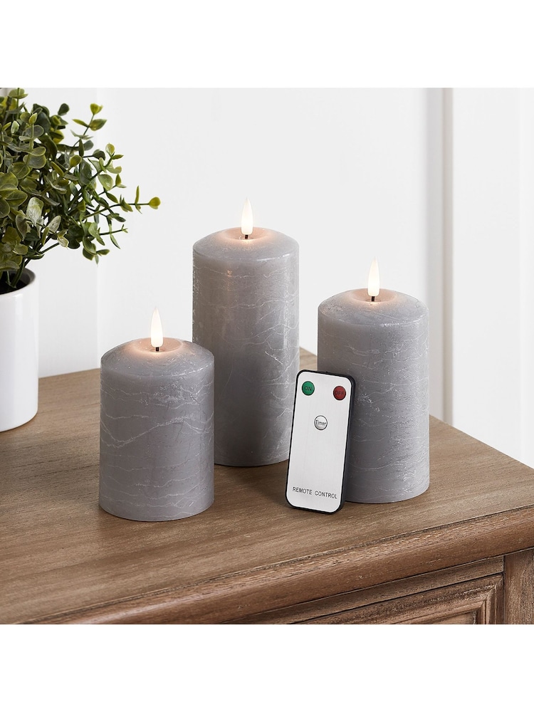 Lights4fun Grey TruGlow Distressed LED Pillar Candle Trio with Remote - Image 4 of 4