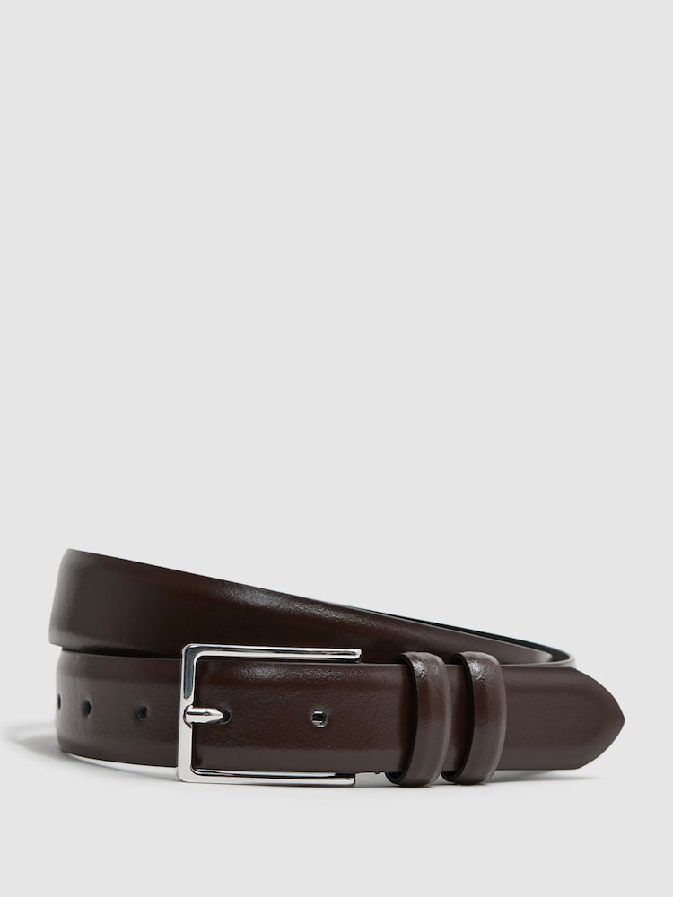 Reiss Chocolate Dante Smooth Leather Belt - Image 1 of 4