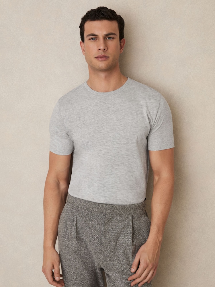 Reiss Grey Marl Bless Cotton Crew Neck T-Shirt - Image 1 of 5 Reiss Grey Marl Bless Cotton Crew Neck T-Shirt - Image 1 of 5