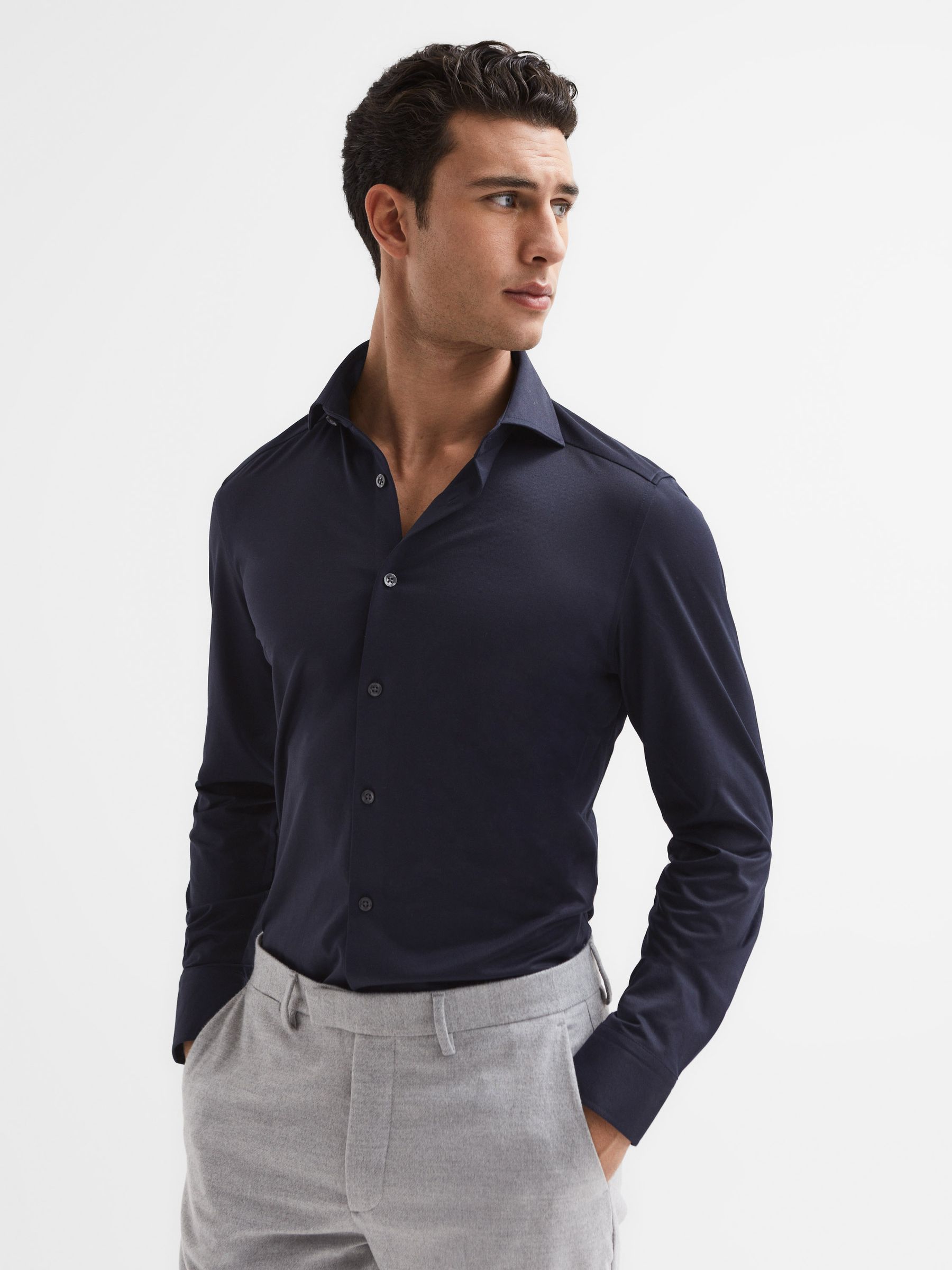 Reiss Navy Cutaway Collar Jersey Slim Fit Shirt In Blue