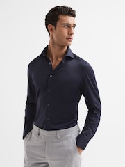 Reiss Navy Nate Cutaway Collar Jersey Slim Fit Shirt - Image 1 of 7