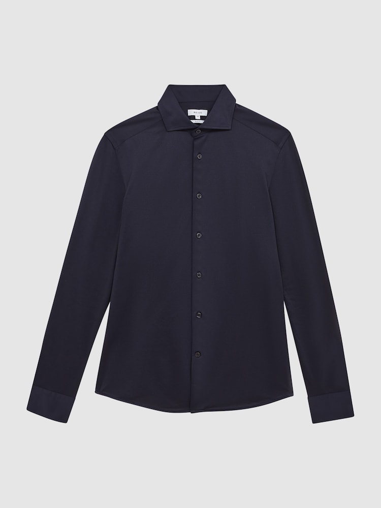 Reiss Navy Nate Cutaway Collar Jersey Slim Fit Shirt - Image 2 of 7