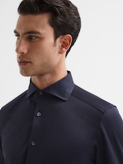 Reiss Navy Nate Cutaway Collar Jersey Slim Fit Shirt - Image 6 of 7