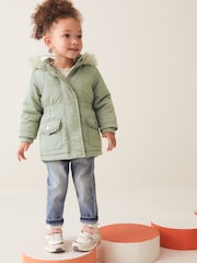 Sage Green Shower Resistant Faux Fur Trim Parka (3mths-7yrs) - Image 1 of 11