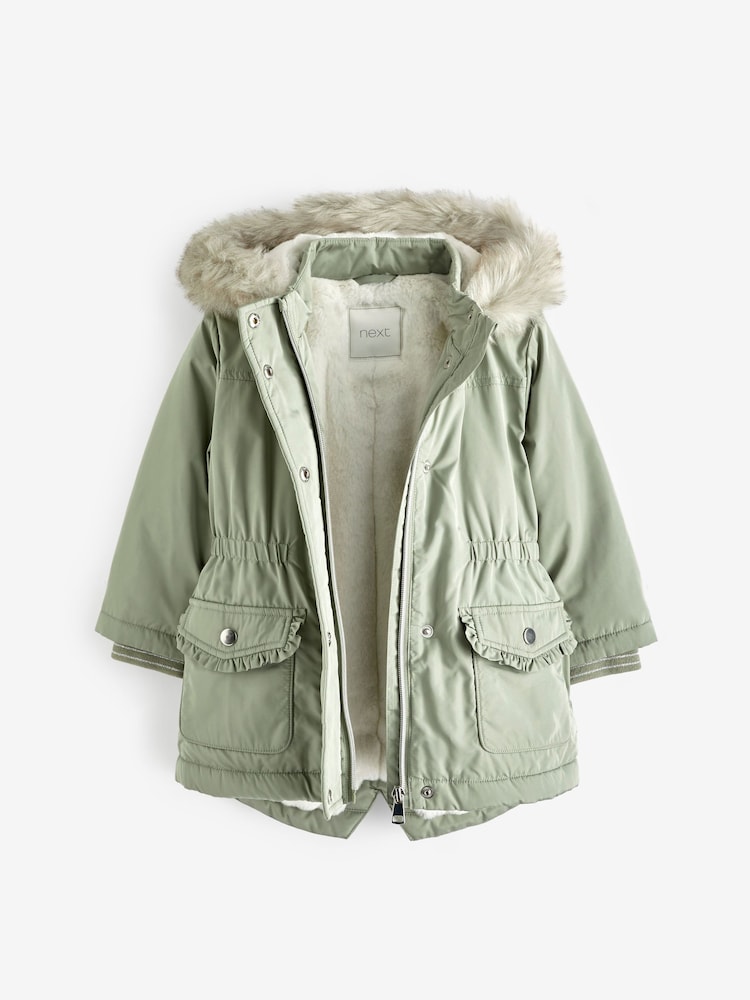 Sage Green Shower Resistant Faux Fur Trim Parka (3mths-7yrs) - Image 11 of 11