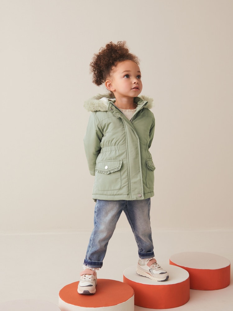 Sage Green Shower Resistant Faux Fur Trim Parka (3mths-7yrs) - Image 2 of 11