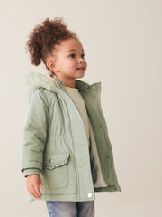 Sage Green Shower Resistant Faux Fur Trim Parka (3mths-7yrs) - Image 5 of 11