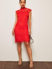 Red Lace Mini Shift Dress - Image 2 of 6