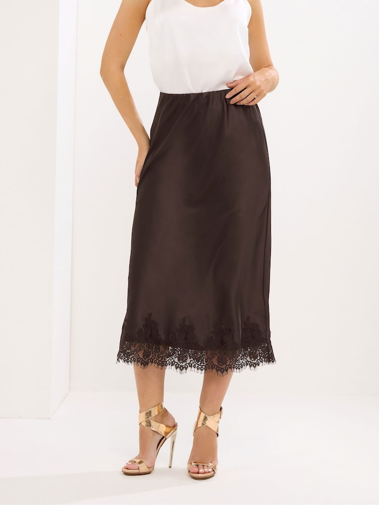 Star by Julien MacDonald Brown Lace Trim Satin Skirt - Image 2 of 5 Star by Julien MacDonald Brown Lace Trim Satin Skirt - Image 2 of 5