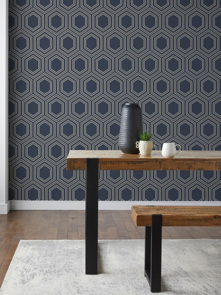 Navy Blue Honeycomb Geo 10M Wallpaper - Image 1 of 4