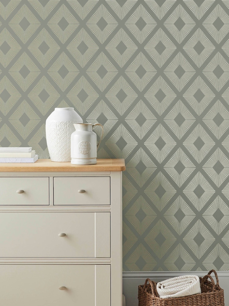 Sage Green Deco Triangle 10M Wallpaper - Image 1 of 4