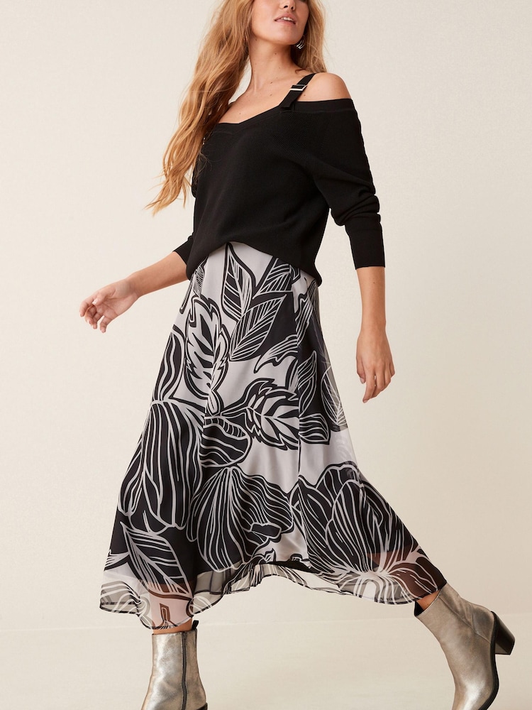 Grey/Black Leaf Print Sheer Midi Skirt - Image 1 of 4