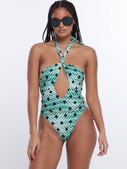 River Island Green Knot Printed Belted Swimsuit - Image 1 of 4