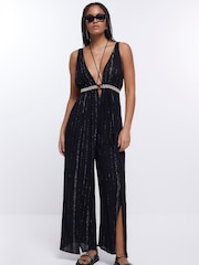 River Island Black Scrunchie Plunge Jumpsuit - Image 1 of 5