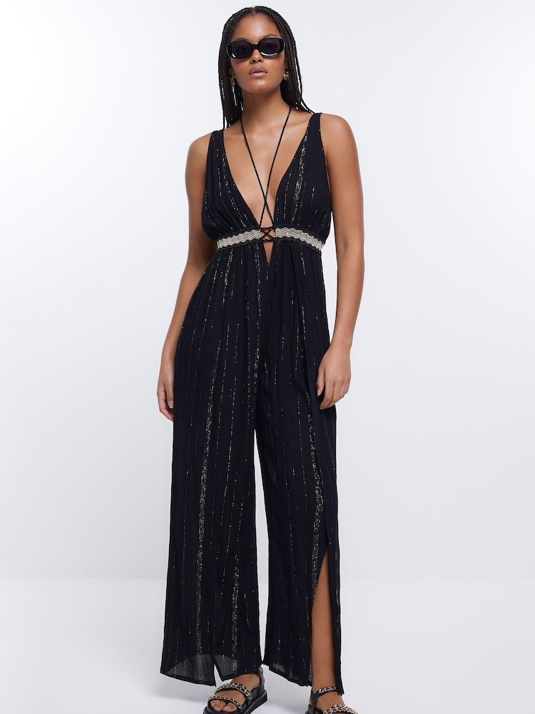 River Island Black Scrunchie Plunge Jumpsuit - Image 1 of 5