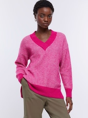 River Island Bright Pink Plated V-Neck Jumper - Image 1 of 5