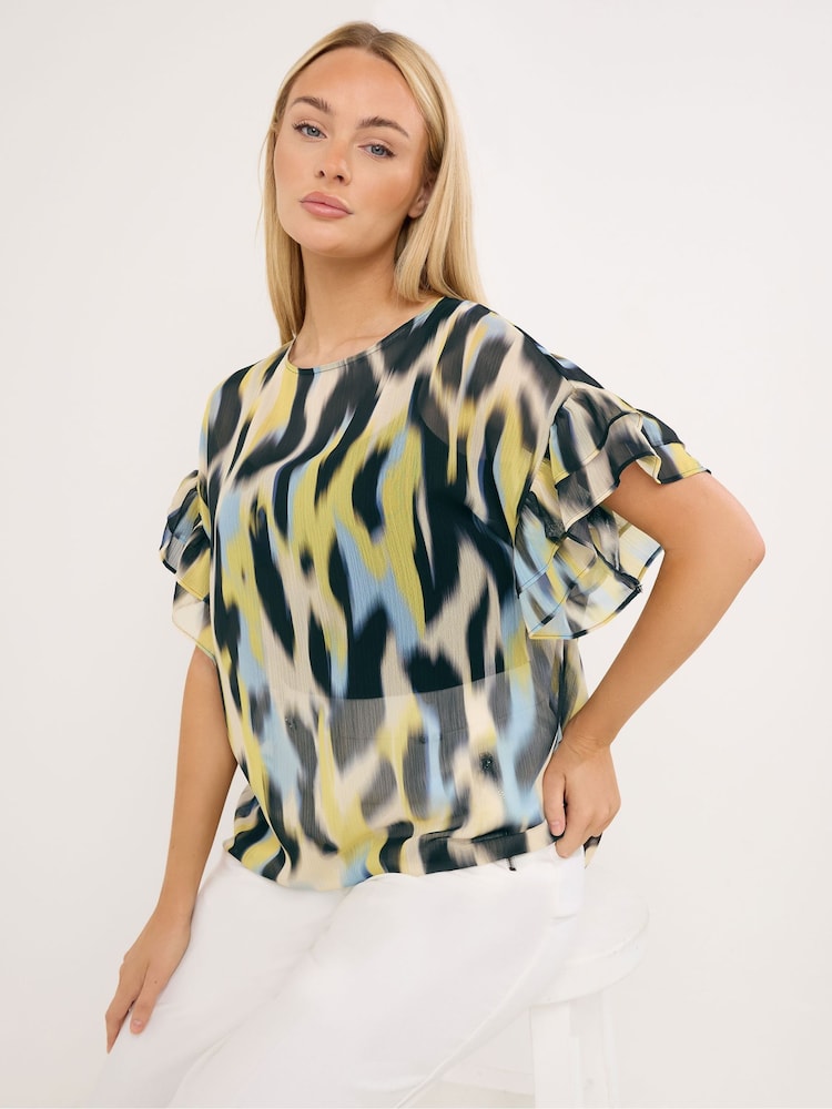 Star by Julien MacDonald Yellow Floral Flute Sleeve Top - Image 1 of 5 Star by Julien MacDonald Yellow Floral Flute Sleeve Top - Image 1 of 5